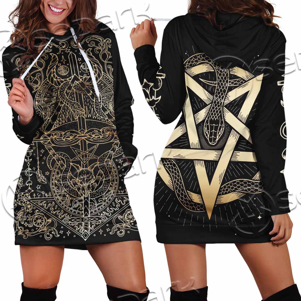 Gold Pentagram Symbol Wrapped By Snake SED-1137 Hoodie Dress