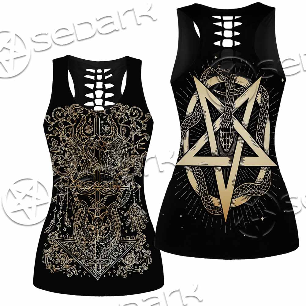 Gold Pentagram Symbol Wrapped By Snake SED-1137 Women Tank Top