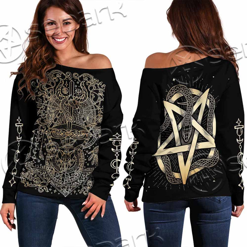 Gold Pentagram Symbol Wrapped By Snake SED-1137 Off Shoulder Sweaters