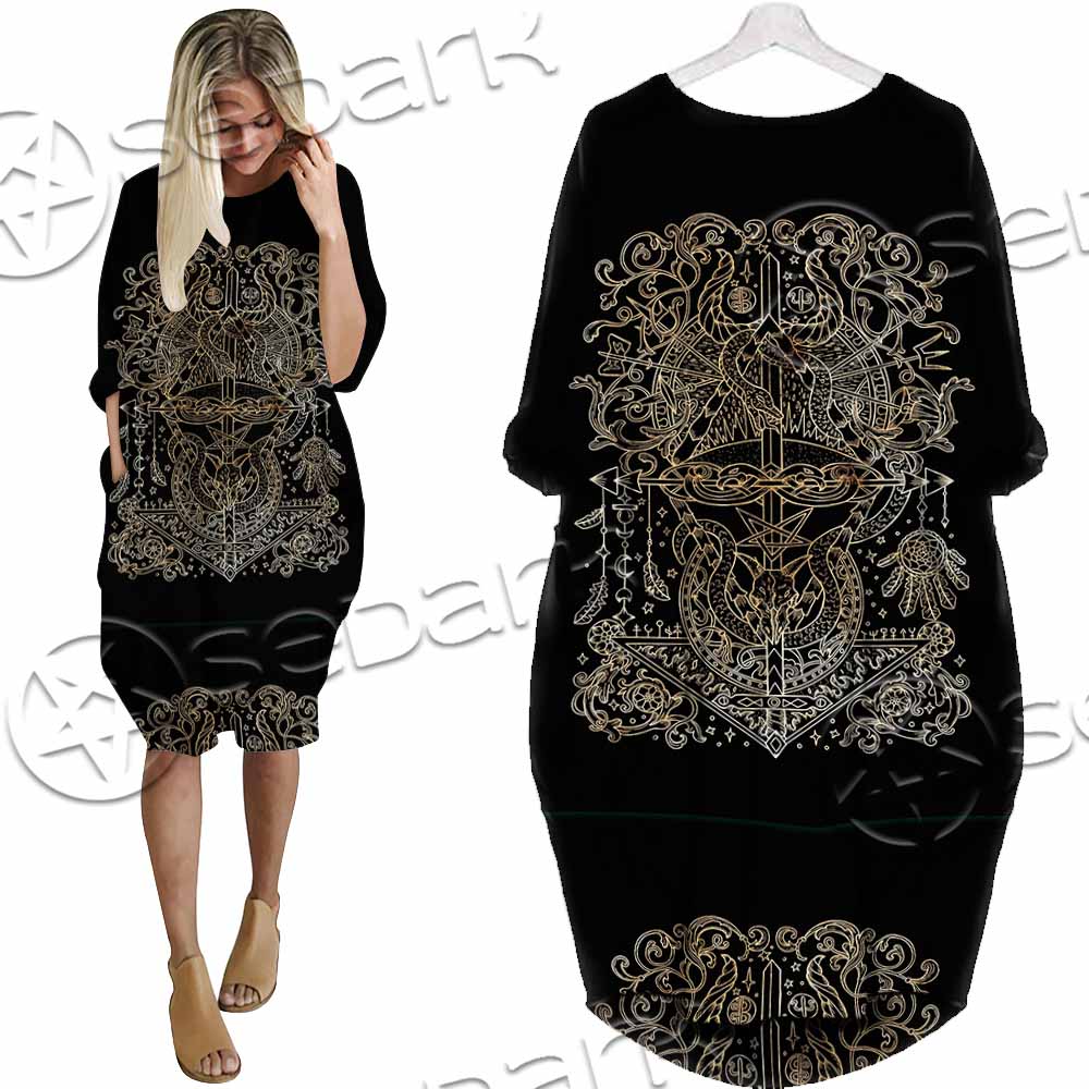 Gold Pentagram Symbol Wrapped By Snake SED-1137 Batwing Pocket Dress