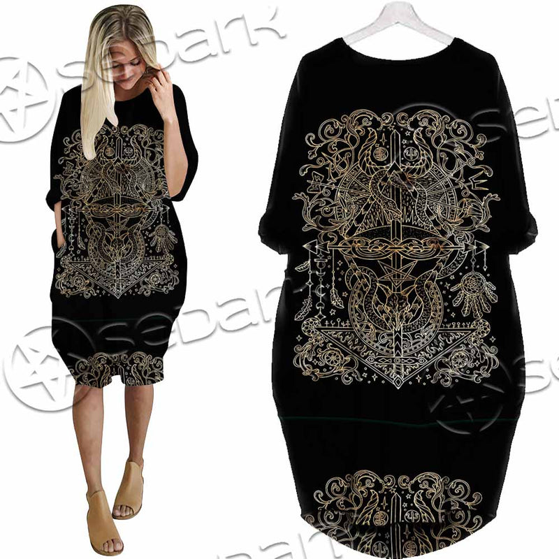 Gold Pentagram Symbol Wrapped By Snake SED-1137 Batwing Pocket Dress