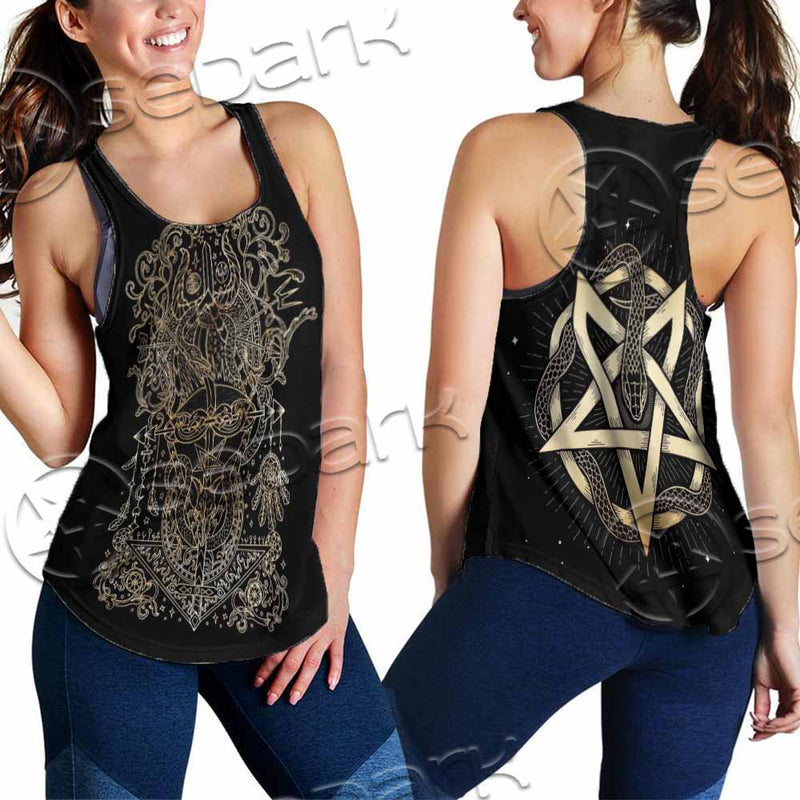 Gold Pentagram Symbol Wrapped By Snake SED-1137 Women Tank Top