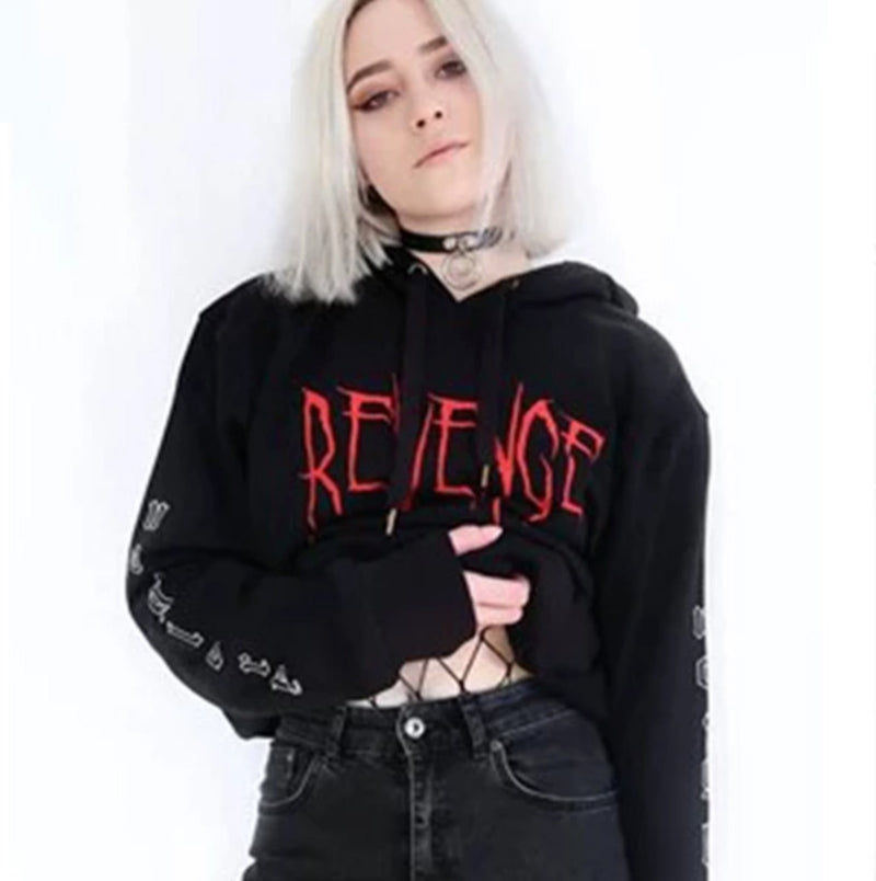 Gothic Punk Loose Letter Printed Black Hoodie