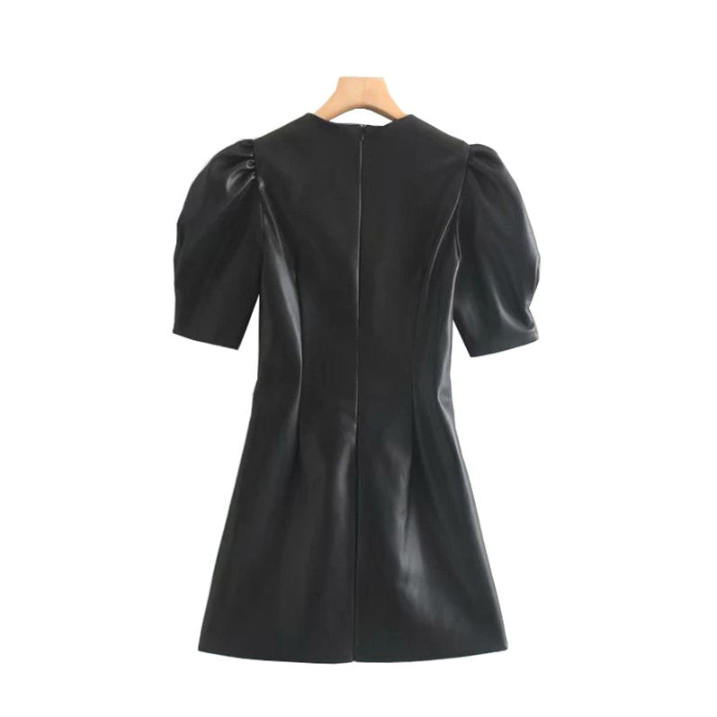 Faux Leather Pleated Mini Dress Puff Sleeve