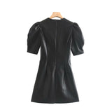 Faux Leather Pleated Mini Dress Puff Sleeve