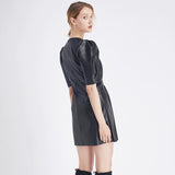Faux Leather Pleated Mini Dress Puff Sleeve