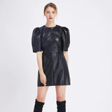 Faux Leather Pleated Mini Dress Puff Sleeve