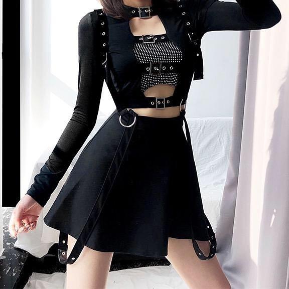 Gothic Suspender Straps High Waist Skirt