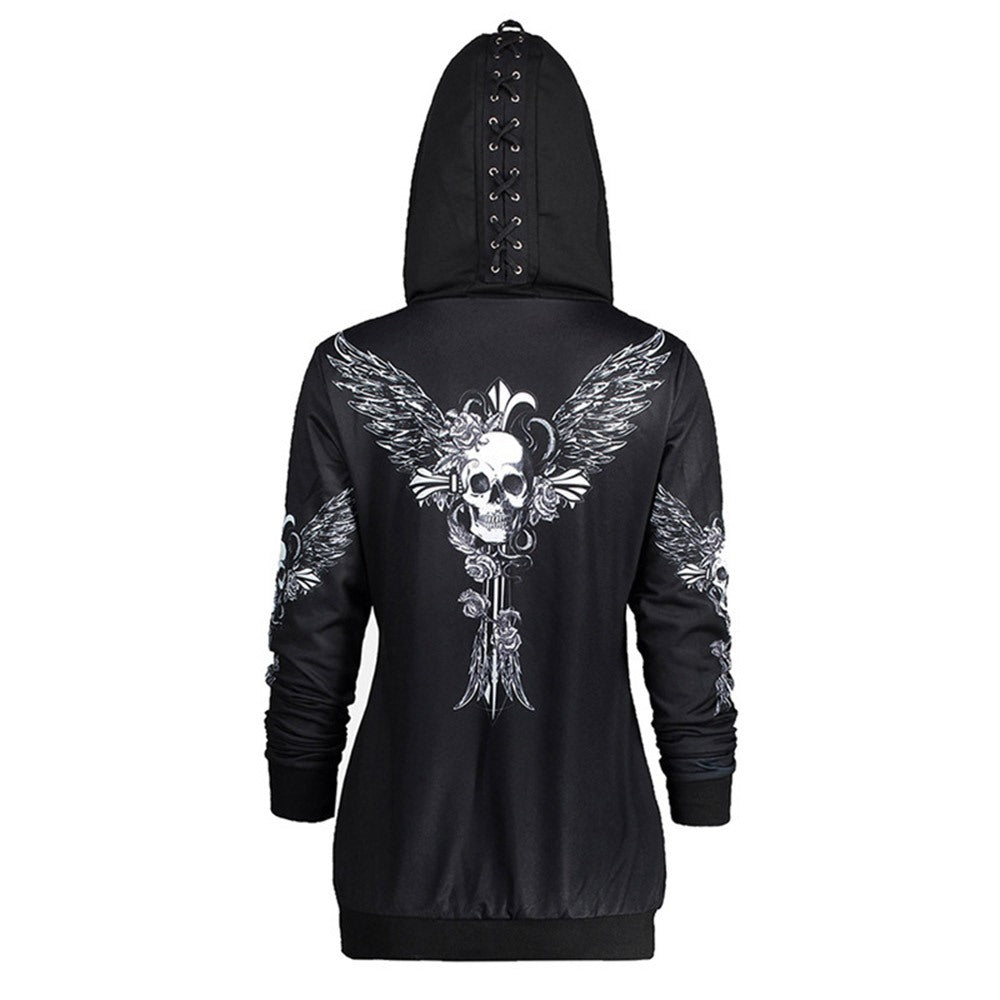 Gothic Skull Wing Print Black Hoodie