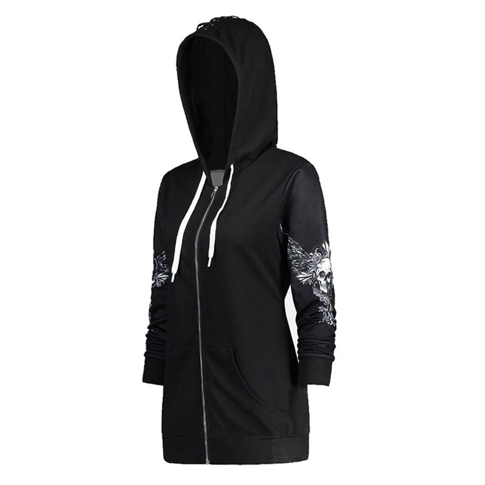 Gothic Skull Wing Print Black Hoodie