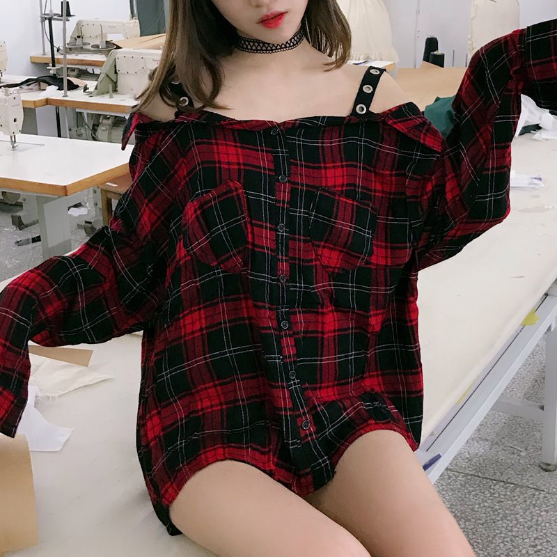 Gothic Off The Shoulder Plaid Shirts