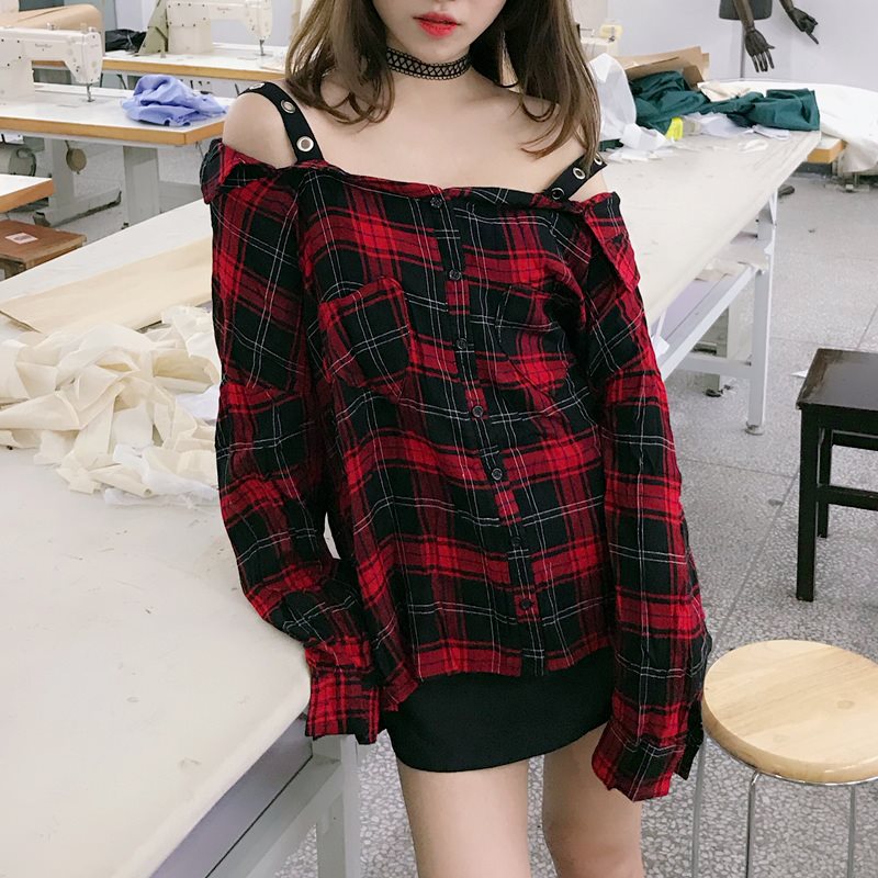 Gothic Off The Shoulder Plaid Shirts