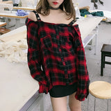 Gothic Off The Shoulder Plaid Shirts