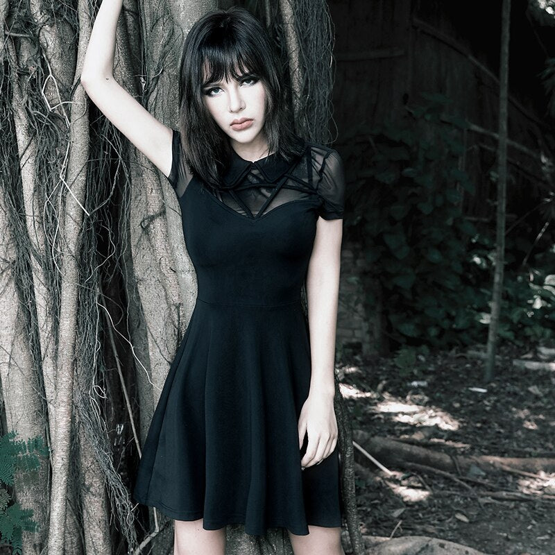 Gothic  Mesh A-line Pleated Dress