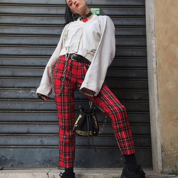 Vintage Plaid Slim High Waist Classic Pants