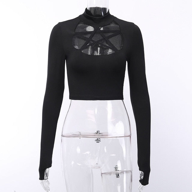 Gothic Pentagram Mesh Long Sleeve T-shrits