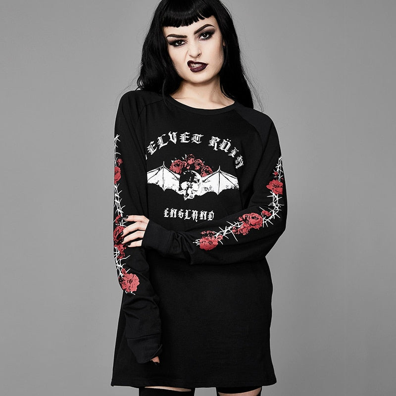 Gothic Rose Skull Printed Black Pullover Hoodie