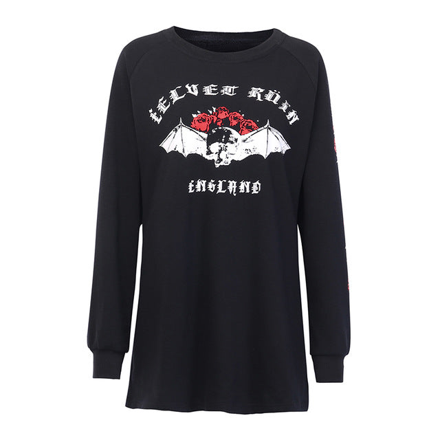 Gothic Rose Skull Printed Black Pullover Hoodie