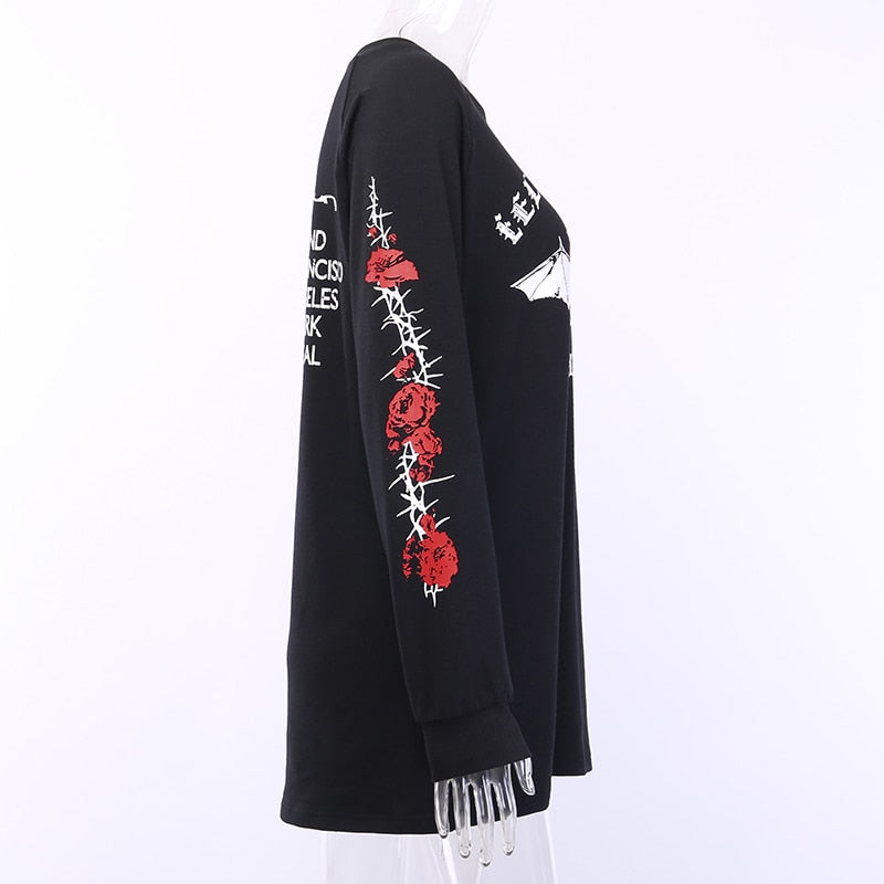Gothic Rose Skull Printed Black Pullover Hoodie