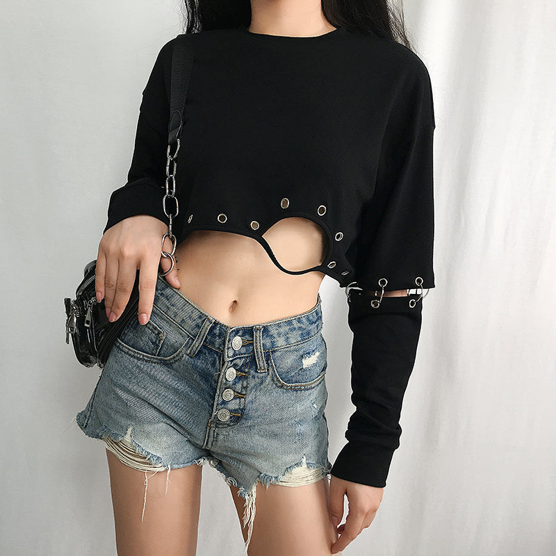 Gothic Detachable Sleeve Metal Iron Ring Stitching Hollow Top