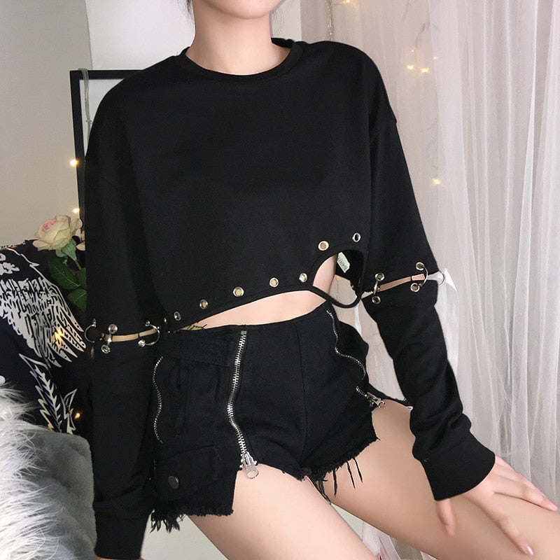 Gothic Detachable Sleeve Metal Iron Ring Stitching Hollow Top