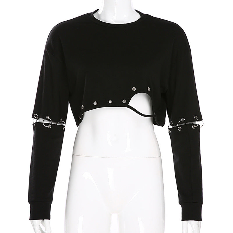 Gothic Detachable Sleeve Metal Iron Ring Stitching Hollow Top