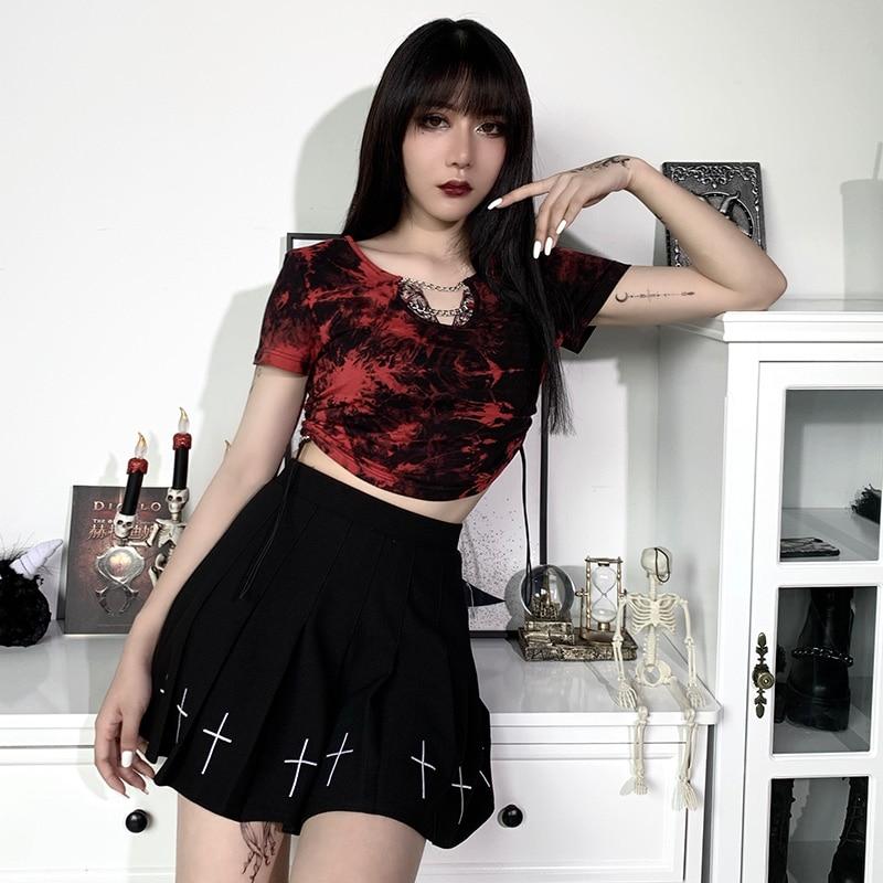 Gothic Red Sexy Crop Top Hollow Out Chain