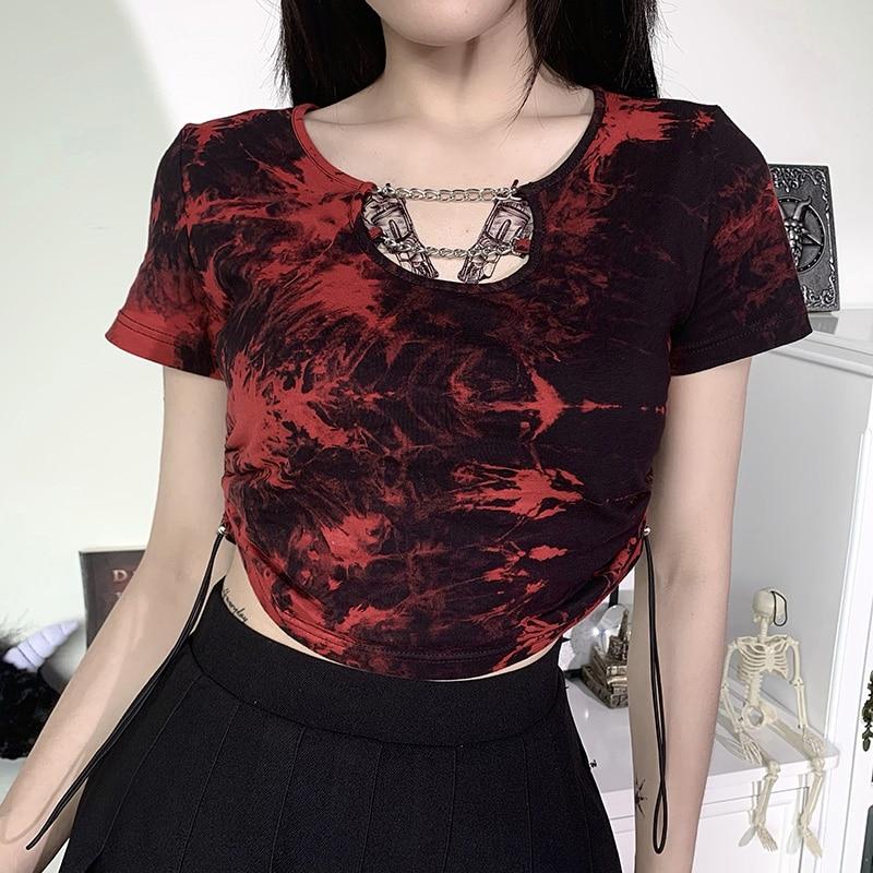Gothic Red Sexy Crop Top Hollow Out Chain