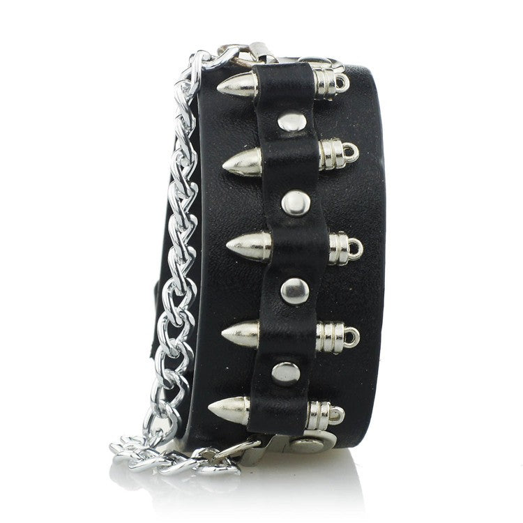 Bullet Shape Chain Link Cuff Leather Bracelet