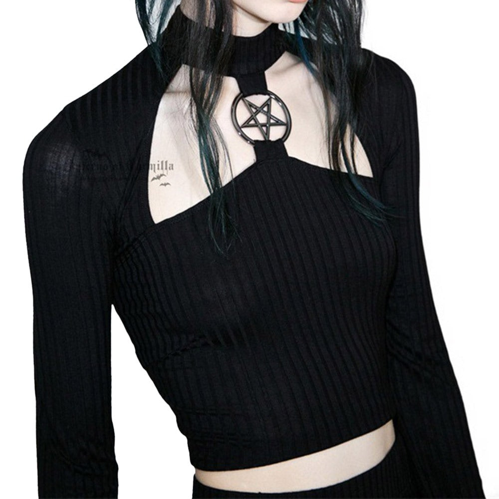 Slim Black Hollow Pentagram Tops