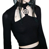 Slim Black Hollow Pentagram Tops