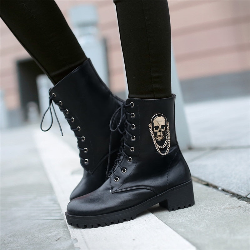 Skull Lace Up Ankle Boots