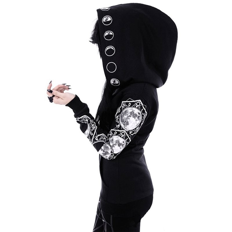 Dark Moon Print Hoodie Zipper