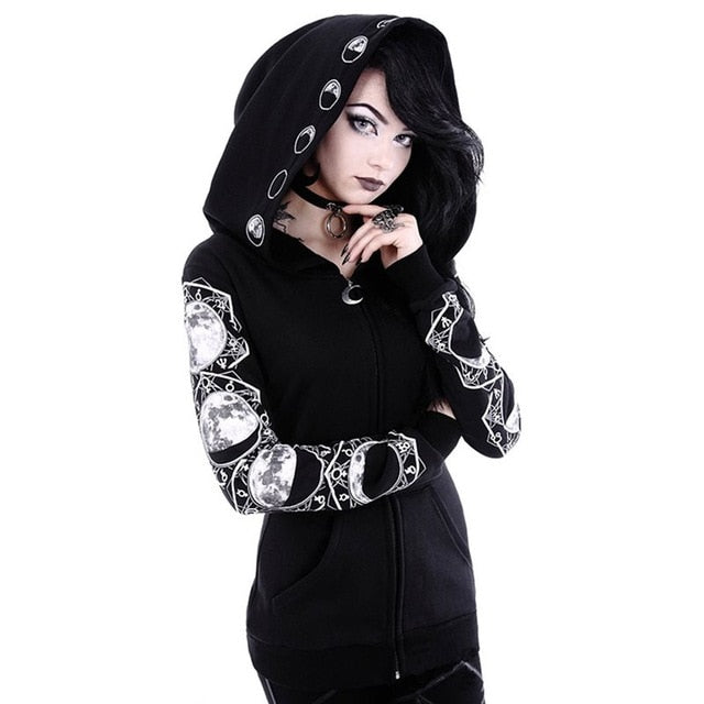 Dark Moon Print Hoodie Zipper