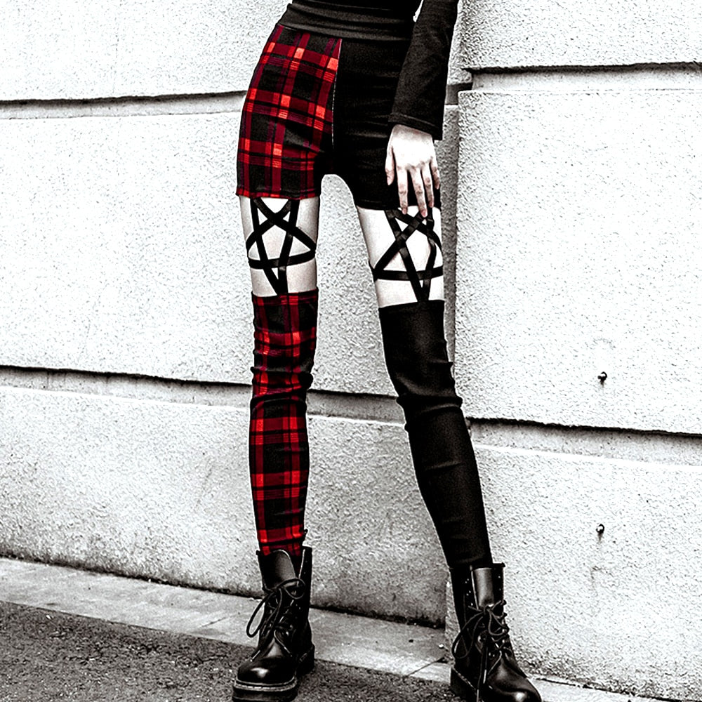 Sexy Red Plaid Pentagram Leggings