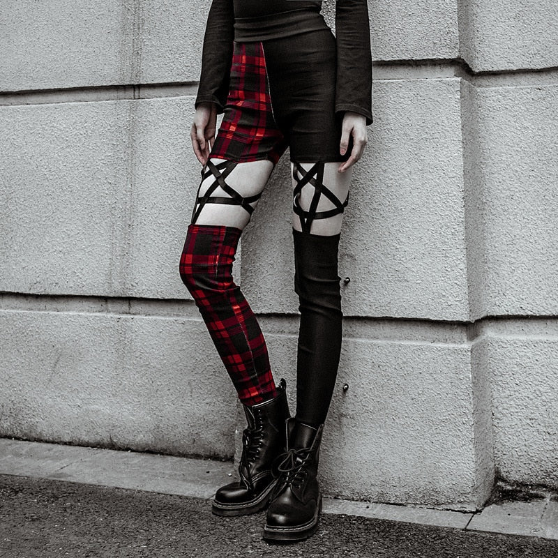 Sexy Red Plaid Pentagram Leggings