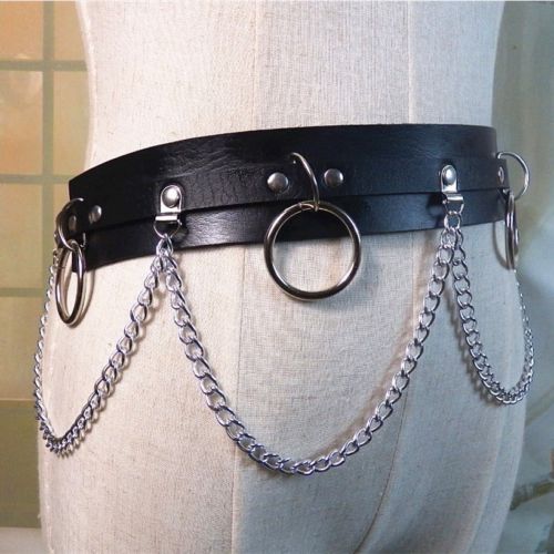 Leather Belt Metal Chain Ring Waist Strap
