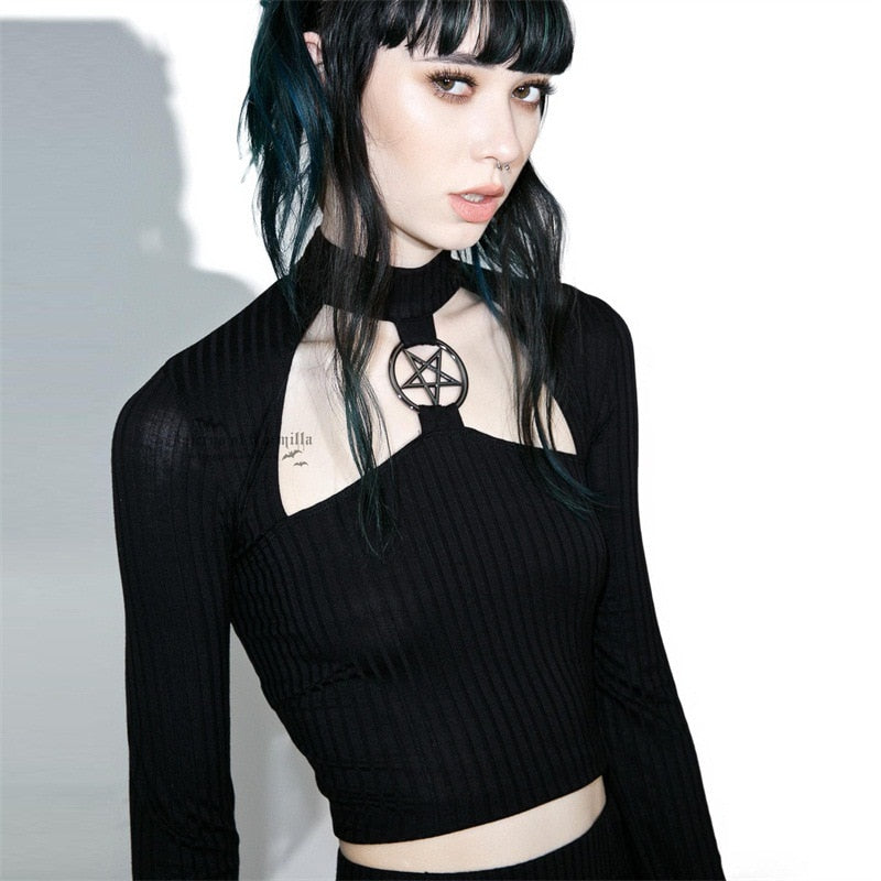 Pentagram Long Sleeve Black Slim Crop Tops