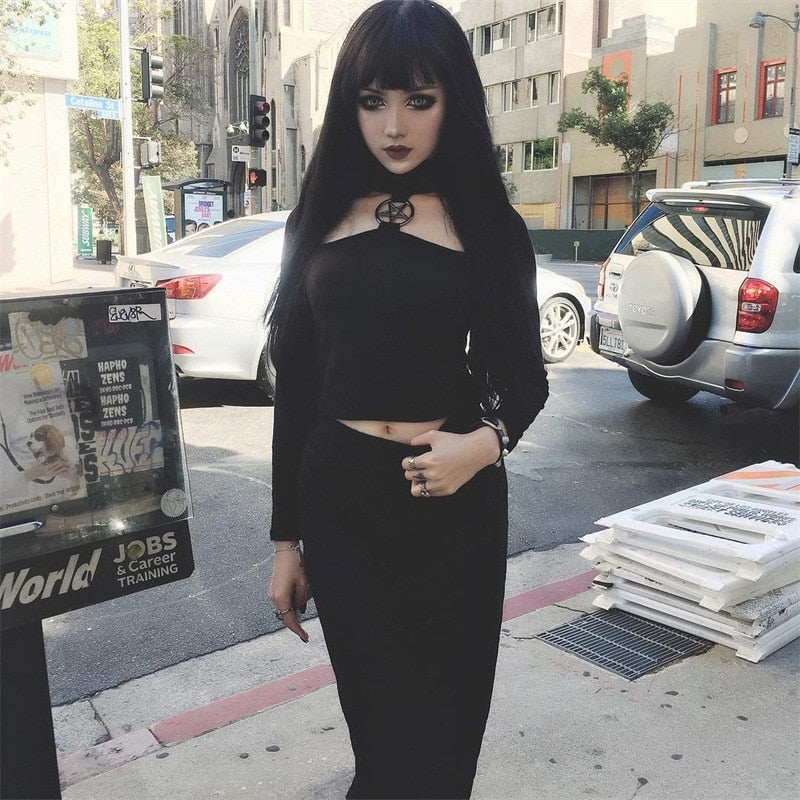 Pentagram Long Sleeve Black Slim Crop Tops