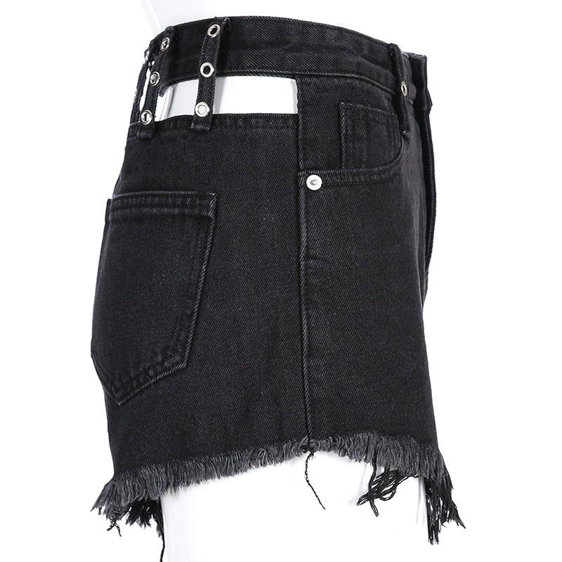 Punk Streetwear Sexy Elelet Hollow Back Denim Shorts