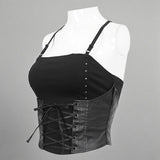 Punk Knitted Mesh Spliced Lace Up Suspenders Crop Top