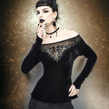 Gothic Flat Shoulder Velvet Long Sleeve Top