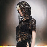 Punk Wool Mesh Short Sleeve Hooded Top