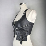 Women Punk Short Faded Leather Waistcoat with Pouch