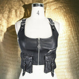 Women Punk Short Faded Leather Waistcoat with Pouch