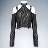 Pentagram Mesh Off-Shoulder Halterneck Long Sleeve T-shirt