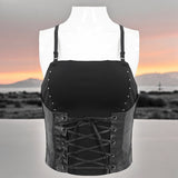 Punk Knitted Mesh Spliced Lace Up Suspenders Crop Top