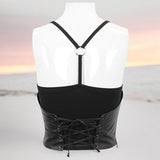 Punk Knitted Mesh Spliced Lace Up Suspenders Crop Top