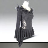 Gothic Feather Rose Bardot Neckline Flare Long Sleeve