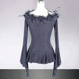 Gothic Feather Rose Bardot Neckline Flare Long Sleeve